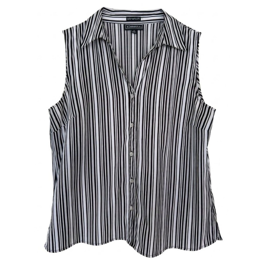 Elementz Black & White Striped Sleeveless Blouse XL - Stretch Button Up
